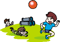 広場でボール遊びをしている3人の男の子のイラスト