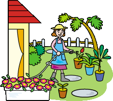 庭の草花の手入れをする女性のイラスト