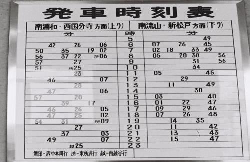 南浦和・西国分寺方面の上りと南流山・新松戸方面の下りの三郷駅の発車時刻表の白黒写真