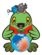 かいちゃんの頭の上に乗っているつぶちゃんが、地球儀にじょうろで水をあげており、地球儀から芽が出ているイラスト