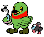 蛇口をひねりコップに水を入れているかいちゃんと水を飲んでいるつぶちゃんのイラスト