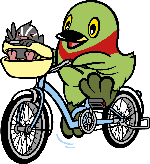 水色の自転車につぶちゃんを乗せてペダルを踏んでいるかいちゃんのイラスト