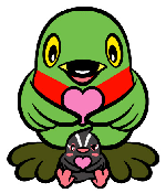 前後に並んでいるかいちゃんとつぶちゃんが両羽でピンク色のハートを持っているイラスト