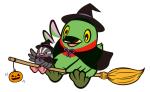 黒色の帽子にマントをつけてほうきに乗って飛んでいるかいちゃんとつぶちゃんのハロウィンのイラスト