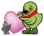 ピンク色のハートを一緒に持っているかいちゃんとつぶちゃんのイラスト