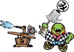 法被姿で纏を持ったかいちゃんと龍吐水で火消しを行っているつぶちゃんのイラスト