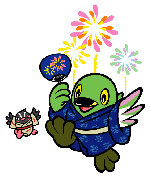 浴衣を着たかいちゃんとつぶちゃんが花火と一緒にジャンプしている花火大会のイラスト