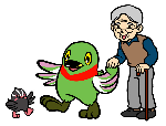 杖をついた高齢男性の右手を持って歩いているかいちゃんとつぶちゃんのイラスト