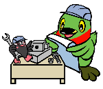 つぶちゃんがスパナを持ちかいちゃんが説明書を見ている工場作業員のイラスト