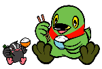 右羽で箸を持ち左羽でご飯が入ったお茶碗を持っているかいちゃんとつぶちゃんがご飯を食べているイラスト