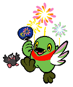 団扇を持ったかいちゃんとつぶちゃんが花火と一緒にジャンプしている花火大会のイラスト