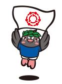 つぶちゃんが両手で白字に赤色で二重丸が描かれた旗を持って跳び跳ねているオリンピックのイラスト