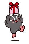 つぶちゃんがピンク色の箱に赤色のリボンをつけたプレゼントを持って喜んでいるクリスマスのイラスト