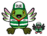 緑と白色の帽子や防犯パトロールのベストを着て両羽を広げているかいちゃんとつぶちゃんのイラスト