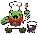 コック帽にエプロンをつけたかいちゃんが料理が入ったフライパンを持ち、つぶちゃんがお皿を持って待っている料理のイラスト