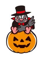 目鼻口をくりぬいたかぼちゃの上に黒色の帽子にマントを被り牙をつけたつぶちゃんが乗っているハロウィンののイラスト