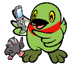 右手に持った携帯電話を指さしているかいちゃんとつぶちゃんのイラスト