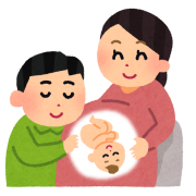 お腹に赤ちゃんがいるお母さんとお腹に手を当てているお父さんのイラスト