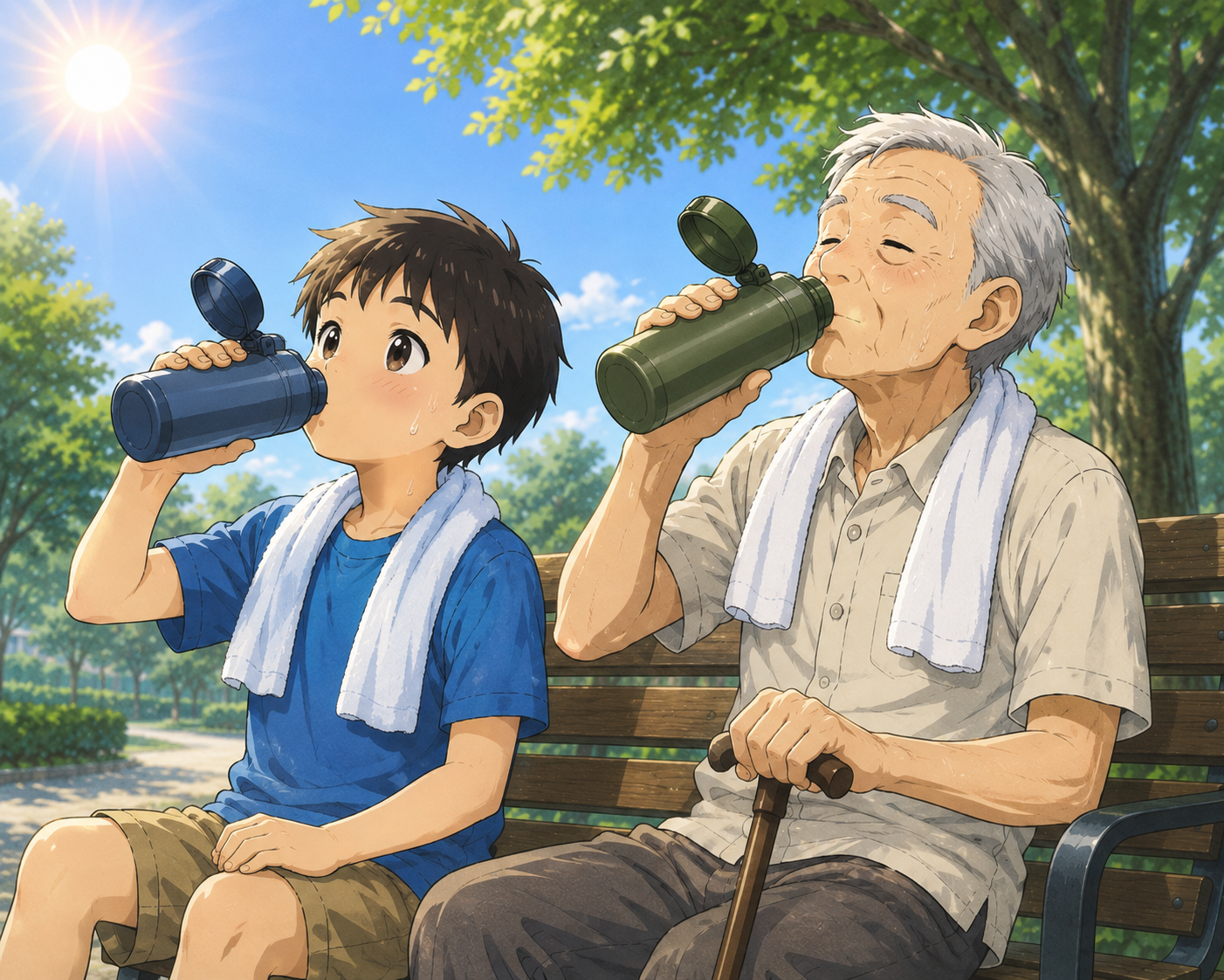 水分補給するこどもと高齢者