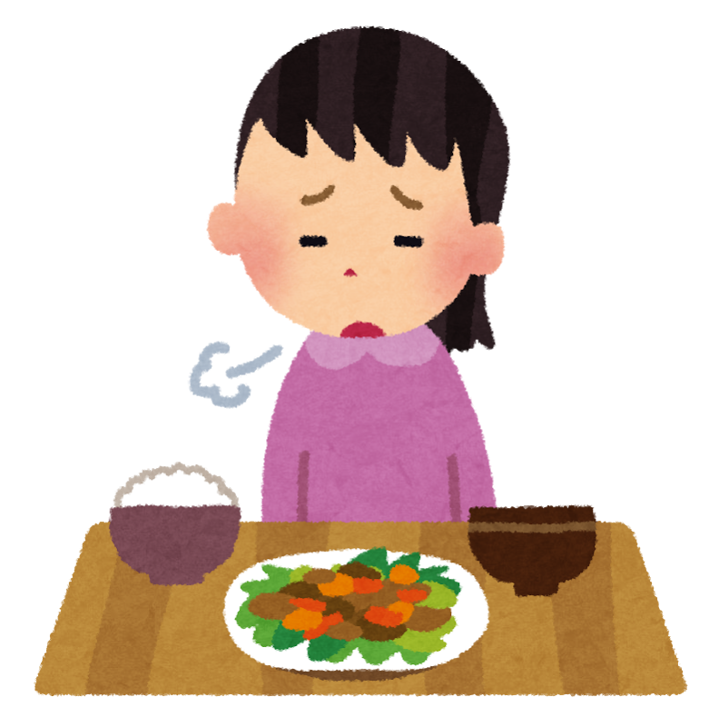 食事を前にして、食欲がなく溜息をついている女性のイラスト