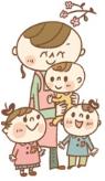 桜の花が咲いている枝の下にいる3人の園児たちと保育士のイラスト