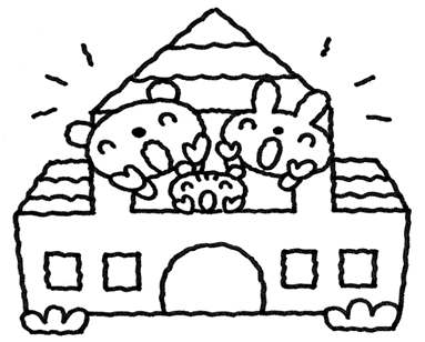 建物の2階の窓から顔を出しているクマとウサギとリスのイラスト