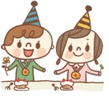 ケーキが置かれたテーブルを前に、2人の園児がパーティー用の三角帽子を被っているイラスト