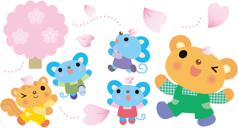 桜の木から落ちてくる花びらを追いかけている動物たちのイラスト
