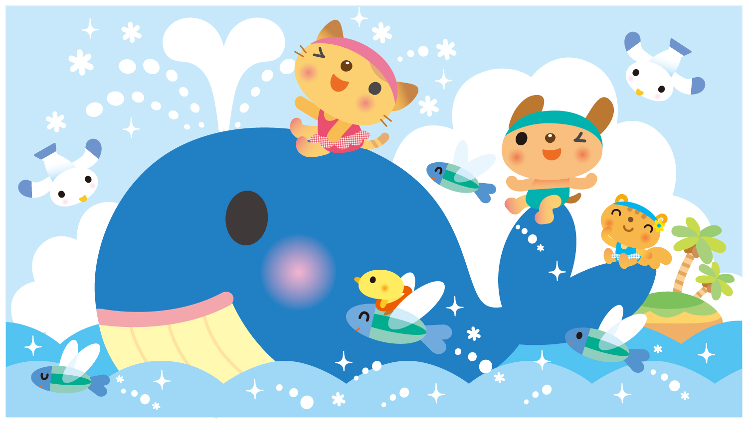 クジラやトビウオの上に乗って海で遊んでいる動物たちのイラスト