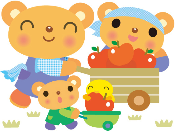 りんごを手押し車に乗せて運ぶ3頭のクマの親子と、りんごをかじっている鳥のイラスト