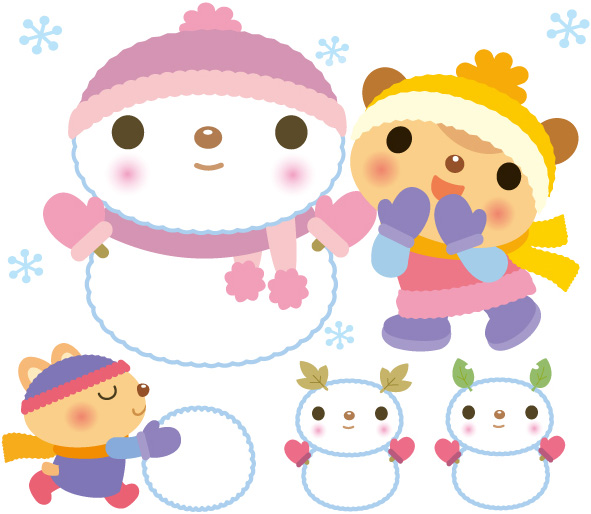 大きい雪だるまや小さい雪だるまを作っている動物のイラスト
