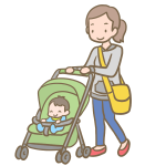 子どもがのっているベビーカーを押している女性のイラスト
