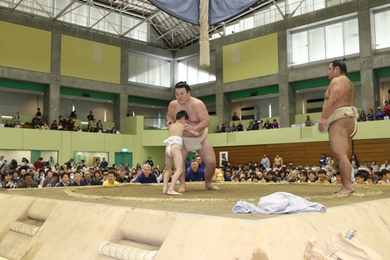 土俵の中央で小さな子どもを相手に相撲をとっている力士を右側に立っている力士や観客が見ている写真