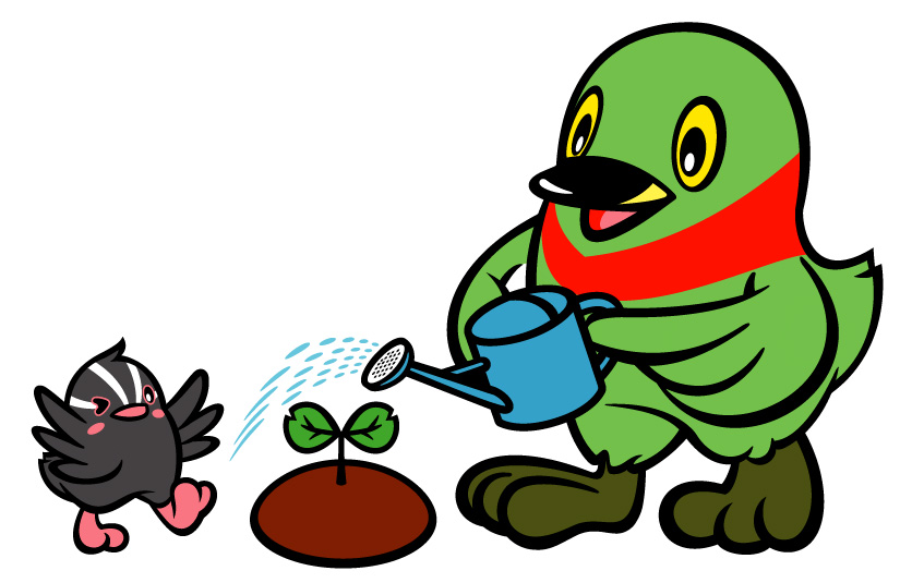 かいちゃんとつぶちゃんが植物に水やりをしているイラスト