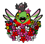 かいちゃんの頭の上にのっているつぶちゃんと、色とりどりの花をまとったかいちゃんが微笑みかけているイラスト