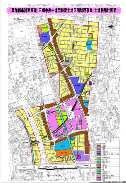 草加都市計画事業三郷中央一体型特定土地区画整理事業 土地利用計画を色分けして示した土地利用計画図