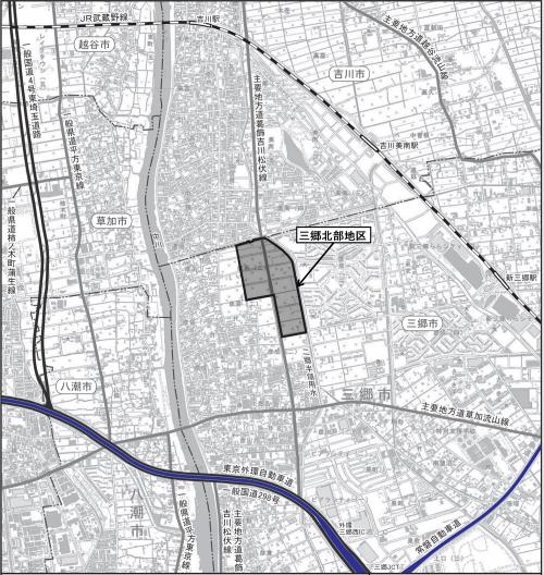 三郷北部地区の位置を黒枠で囲んで示した位置図