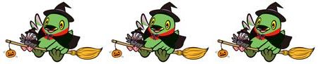 箒に乗っているハロウィンの衣装を着たかいちゃん&つぶちゃんのイラスト