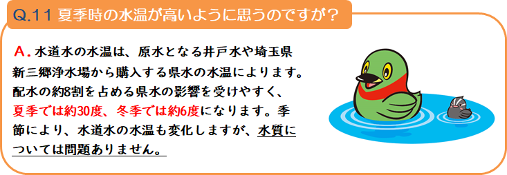 質問11 夏季時の水温が高いように思うのですが? 回答.水道水の水温は、原水となる井戸水や埼玉県新三郷上水場から購入する県水の水温によります。配水の約8割を占める県水の影響を受けやすく、夏季では約30度、冬季では約6度になります。季節により、水道水の水温も変化しますが、水質については問題ありません。
