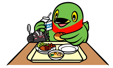 給食を食べているかいちゃんとつぶちゃんのイラスト