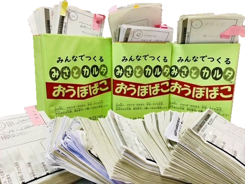 みんなでつくるみさとカルタ応募箱が3箱並んでおり、沢山の応募用紙が箱の中に入っており、箱の前にも沢山の応募用紙が積み重ねられて置かれている写真