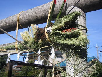 鳥居に括りつけられた稲わらの蛇の顔付近を写しており、口が開き目玉や角がついている写真