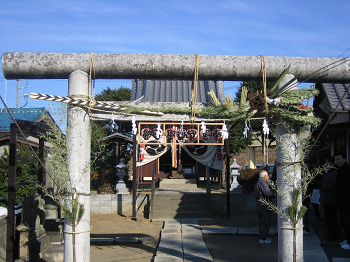 鳥居に稲わらでできた緑色の蛇を3箇所からひもを使って括りつけられており、注連縄で祀られている写真