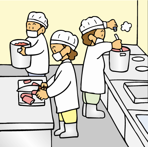調理室で3人が調理をしているイラスト