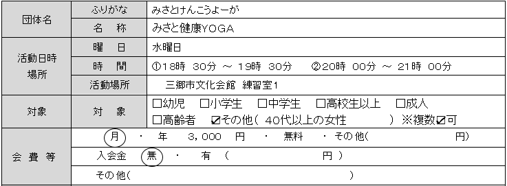 みさと健康YOGA基本情報一覧表