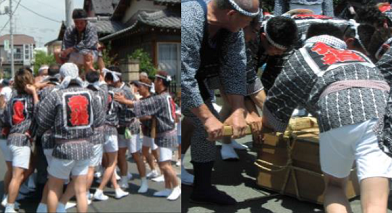 左:木箱の上にしゃがんでいる男性と、その下に集まる多くの祭礼衣装姿の男性たちの写真 右:木箱の棹を握り、縄が切れるまで地面にこすりつける祭礼衣装姿の男性たちの写真