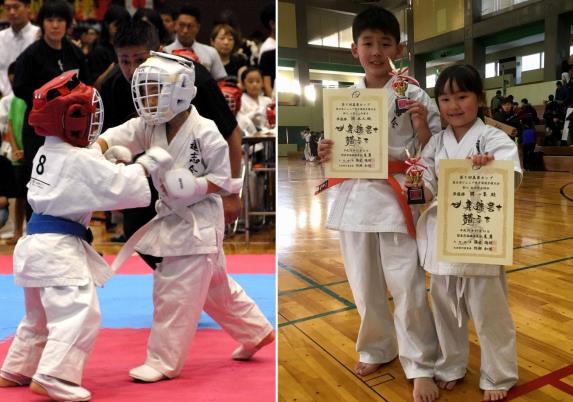 右:赤いヘルメット、青帯の子供と、白いヘルメット、白帯の子供が突きあいながら試合を行っている様子の写真。 左:賞状とトロフィーを両手に持ち、嬉しそうな笑顔を見せる空手着を着た男の子と女の子の写真。