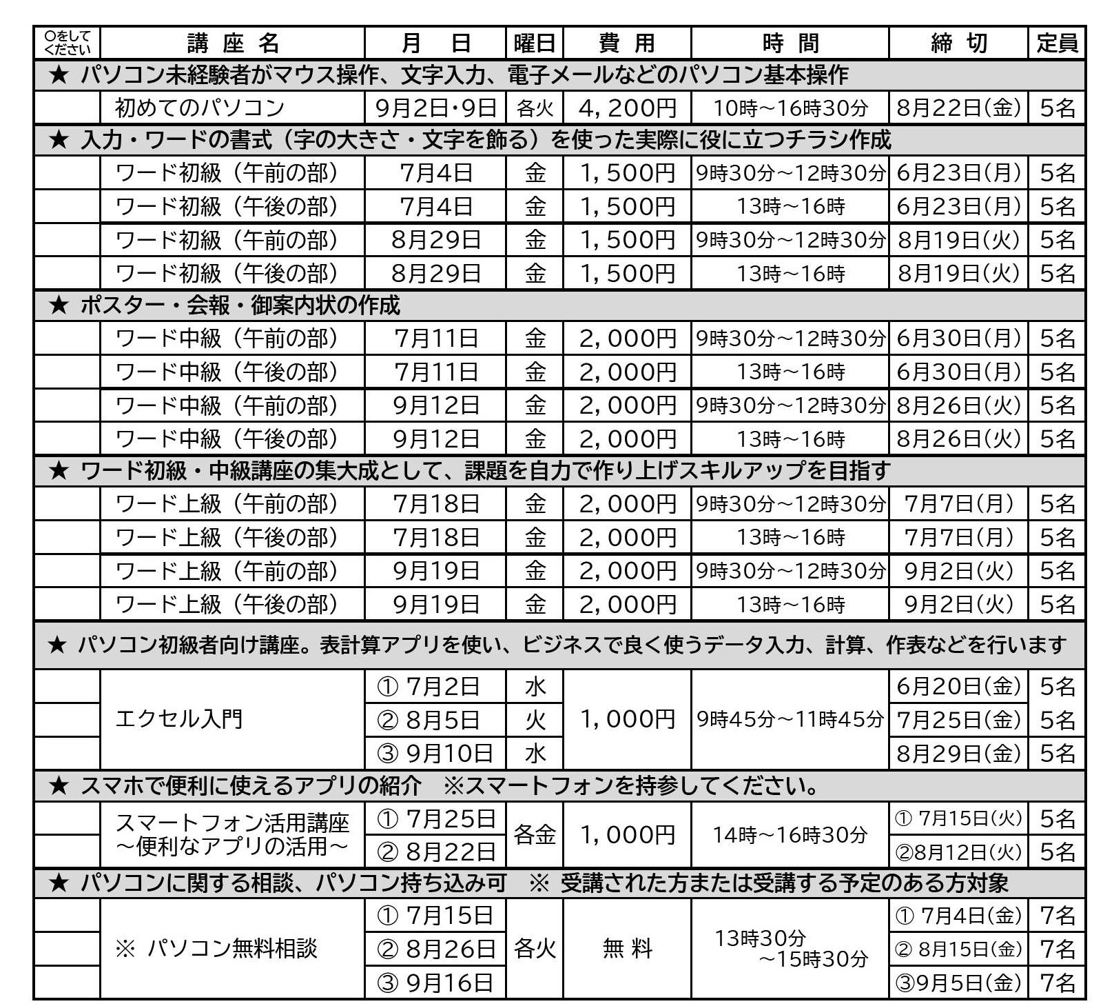 パソコン講座申込書(7~9月)