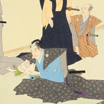 紙の上にのった食べ物のような物を持っている侍を後方から別の侍がじっと見ている様子のイラスト(本の万華鏡のサイトへリンク)