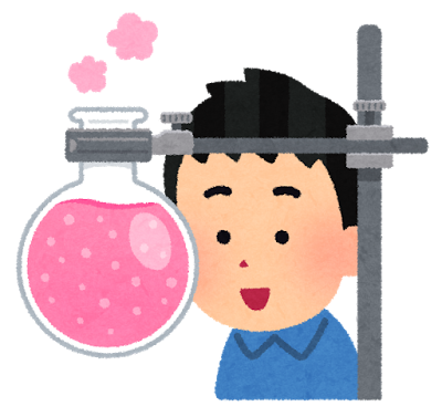 フラスコスタンドにセットされた耐熱性ガラスの中の様子を見ている男の子のイラスト